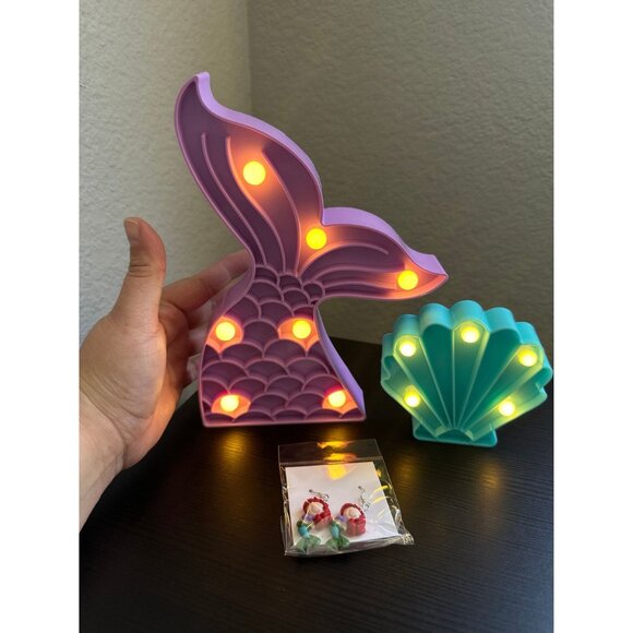 Mermaid Party Decorations Cute Purple Mermaid Tail Night Light Blue Seashell - Picture 2 of 9